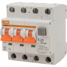 Дифференциальный автомат TDM Electric 63 4P 3Р N C25 30 мА 6 кА А