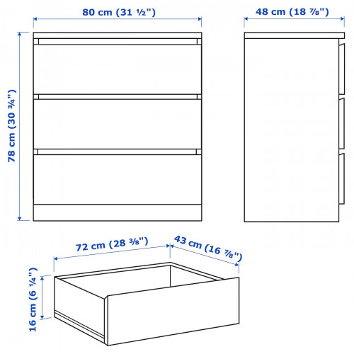 Malm мальм комод с 3 ящиками белый 80x78 с